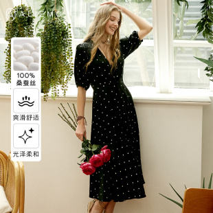 裙子女装 黑色V领长裙显瘦中长款 春夏季 桑蚕丝连衣裙女2025年新款
