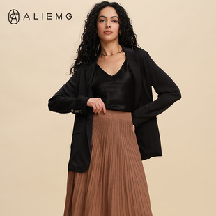 黑色西装外套高级感气质休闲翻领上衣2025秋季新款桑蚕丝港式女装