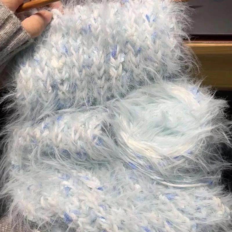 小师妹手作手工diy温暖毛线烟波蓝手混线围巾编织棒针元宝女友闺