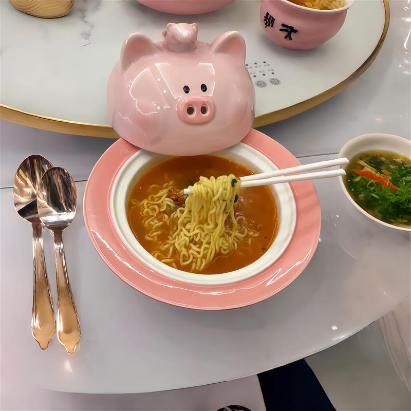 可爱小猪泡面碗陶瓷带盖可微波炉高颜值学生宿舍干饭碗卡通汤面碗