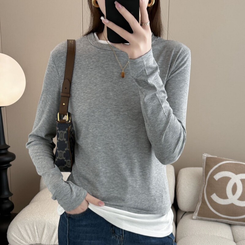 2025莱赛尔春款小众时尚拼色T恤撞色拼接假俩件撞色衣打底长袖