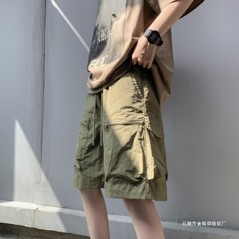 夏季工裝冰氧短褲男女日系復(fù)古潮流直筒中褲冰絲寬松機(jī)能五分褲