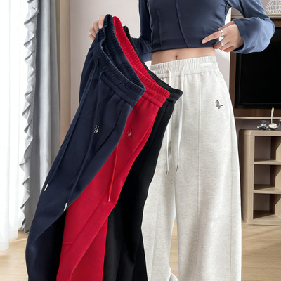 2026春秋新款刺绣小马棉卫裤高腰束脚两穿阔腿裤女春季薄款休闲裤