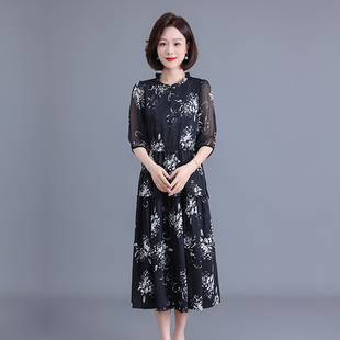 夏装新款妈妈气质雪纺连衣裙中年女士洋气时尚女装显瘦中长裙
