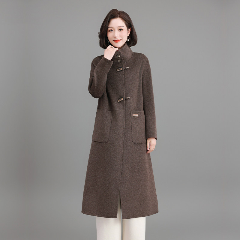 妈妈秋冬高档长款羊绒大衣立领