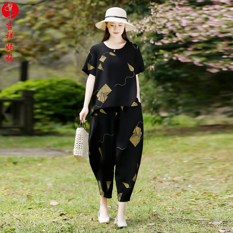 中年妈妈棉麻套装洋气2023夏装新款中老年胖mm宽松大码短袖两件套