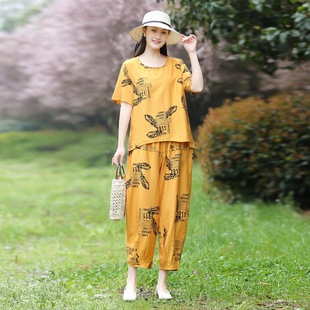 洋气短袖 羽毛套装 T恤大码 宽松时尚 女 女装 中年妈妈棉麻两件套夏装