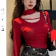 小众设计感短款 港风红色挂脖镂空长袖 T恤女修身 加绒保暖打底上衣