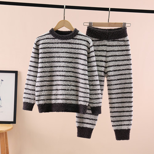 男童家居服加厚套装2024秋冬新款中大童条纹珊瑚绒半边绒男孩睡衣