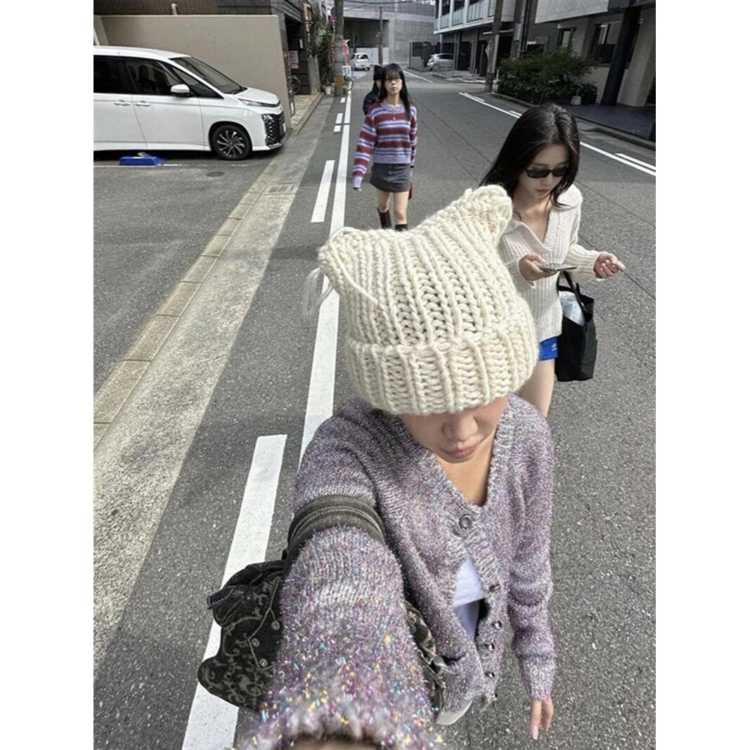 小众个性流苏恶魔耳朵粗针毛线帽女秋冬加厚保暖手工针织帽显脸小