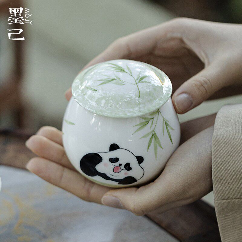墨己手绘青竹熊猫陶瓷茶叶罐功夫茶具密封罐储物罐迷你可爱茶叶罐