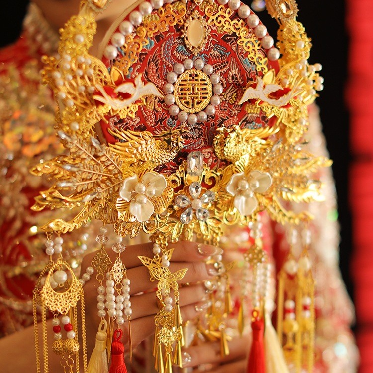 红色金色双面团扇新娘结婚diy材料包扇子出嫁秀禾高级感喜扇成品