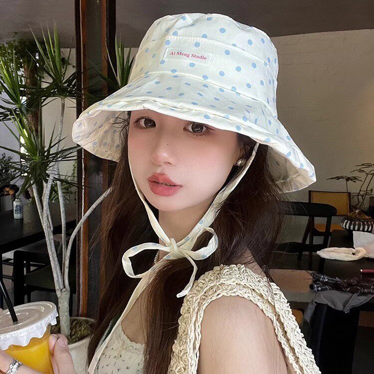 韩版ins小清新波点系带渔夫帽学生夏季出游大帽檐遮阳防晒盆帽女