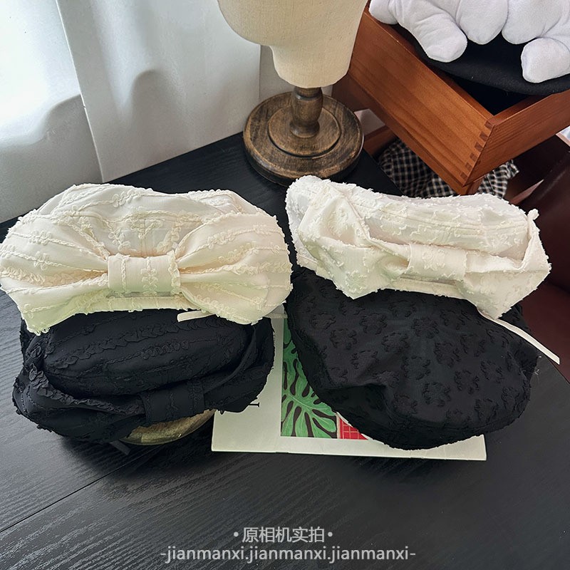 小花条纹蓓蕾帽女春夏百搭纯色后蝴蝶结贝雷帽文艺复古报童画家帽
