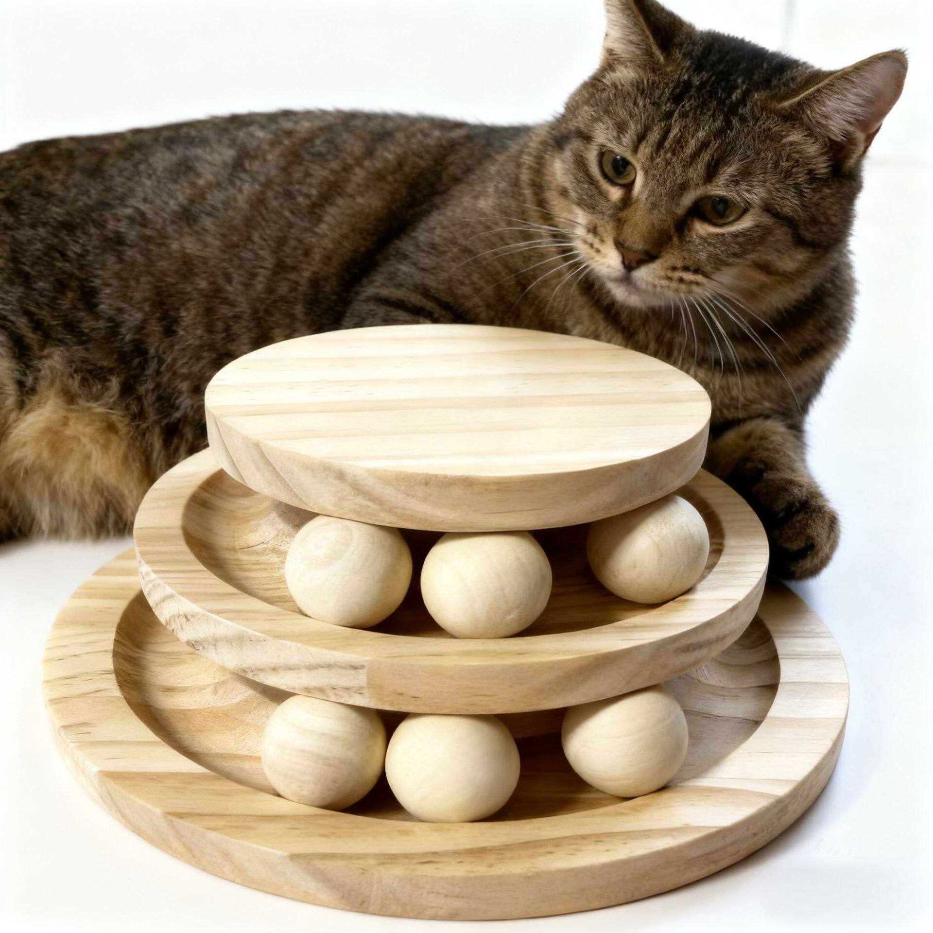 代发创意趣味宠物解闷木质多层轨道转盘球实木耐咬逗猫玩具