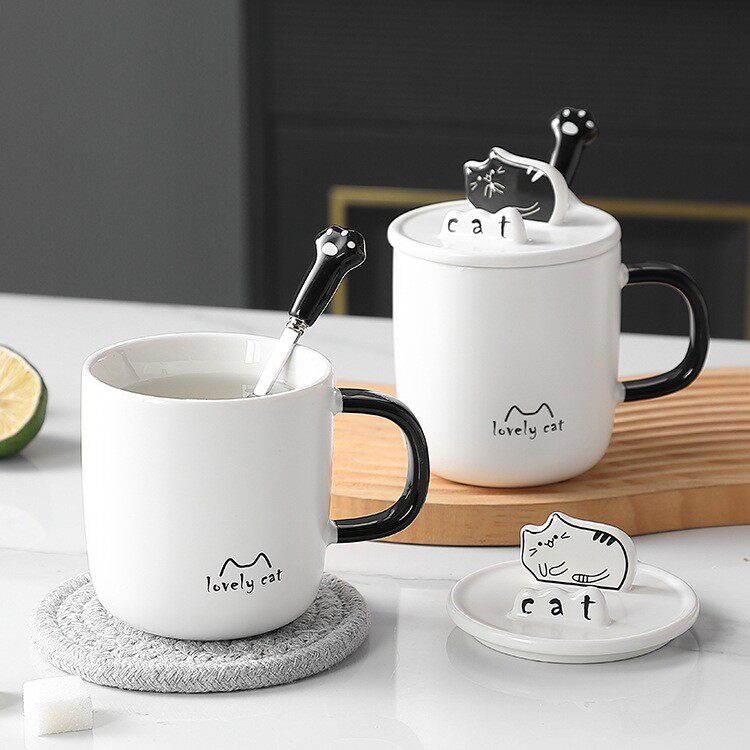 猫咪杯子家用女生陶瓷马克杯创意礼物咖啡杯带盖带勺可爱情侣对杯