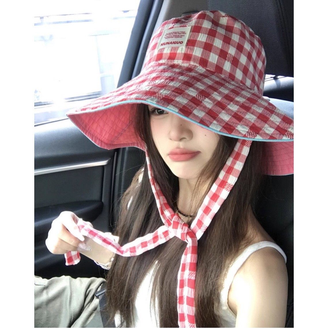 双面戴夏季户外出游格子渔夫帽女大帽檐可折叠白搭显脸小遮阳盆帽