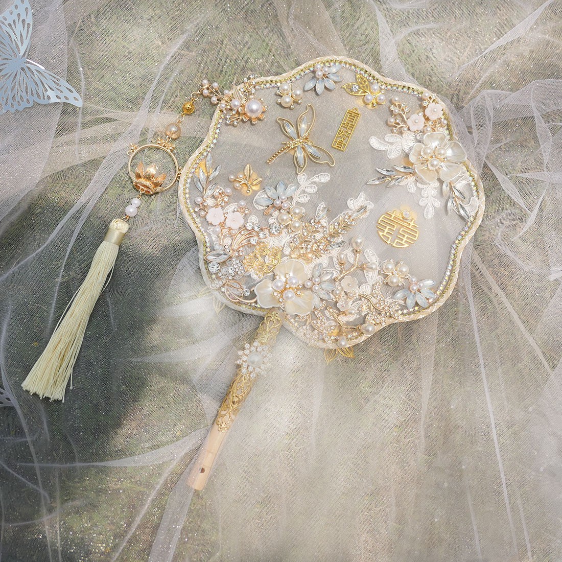 结婚新娘团扇古风成品中式婚礼秀禾扇手工喜扇 DIY材料包猫