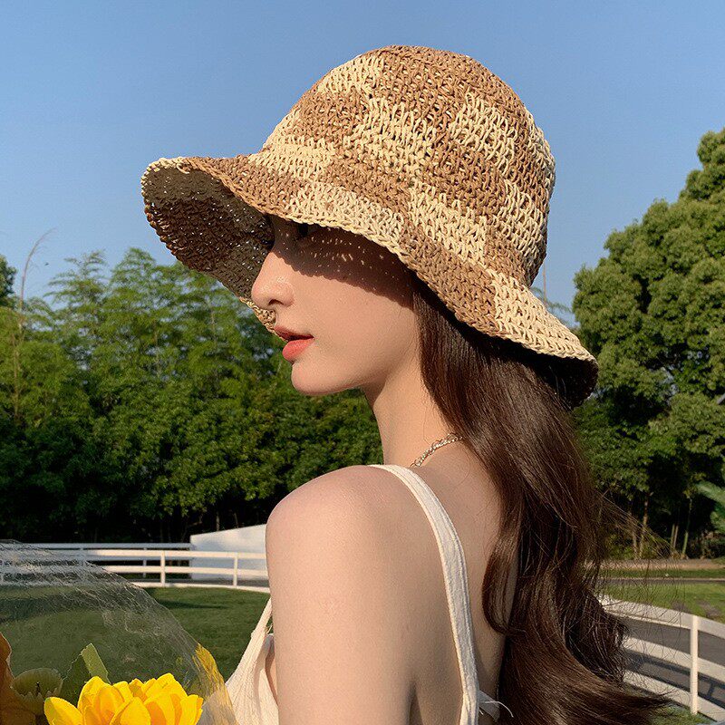 草编女日系百搭渔夫帽时尚遮阳盆帽夏季大头围显脸小防晒水桶帽潮