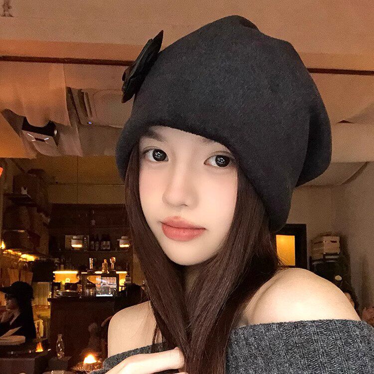 甜酷玫瑰黑色冷帽女秋冬季包头帽显脸小套头月子帽护耳保暖堆堆帽