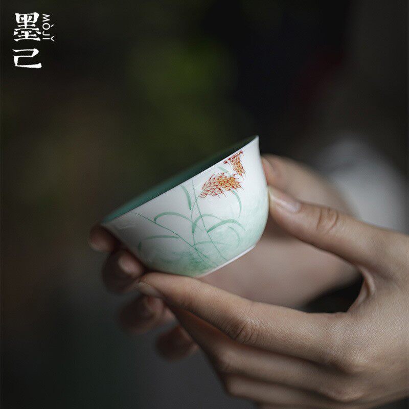 墨己玉泥釉下彩手绘麦穗品茗杯大号功夫茶具家用文人器主人杯单杯
