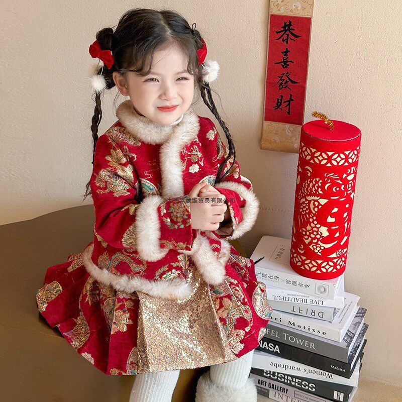 女.童汉服2024冬季新款棉服宝宝周岁礼服新年洋气儿.童拜年服唐装