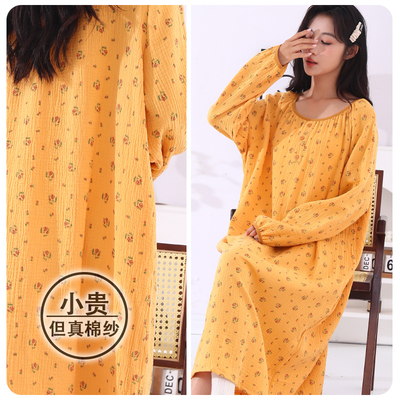 A类100纯棉长袖睡裙双层纱布春秋睡衣女棉纱连衣裙可爱大码家居服
