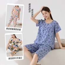 夏季棉绸睡衣女短袖妈妈中老年七分裤宽松大码人造棉家居服套装
