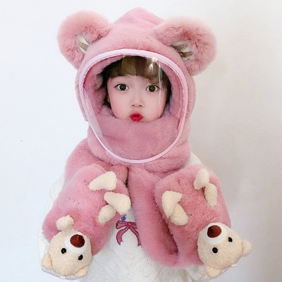 宝宝帽子冬保暖面罩围巾手套一体