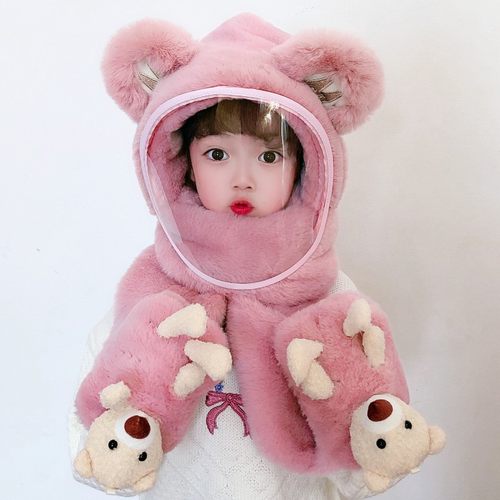 宝宝帽子冬保暖面罩围巾手套一体