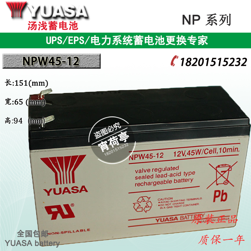 YUASA汤浅NPW45-12 12V45W/Cell 10MIN蓄电池电梯消费照明UPS电源