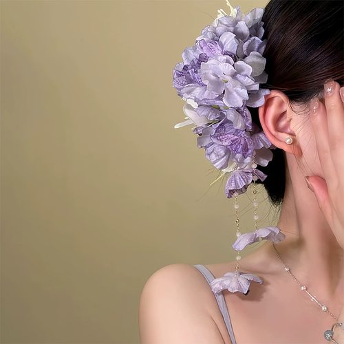繁花摇曳 超仙紫花朵流苏发夹头花氛围感绝美后脑勺发卡头饰抓夹