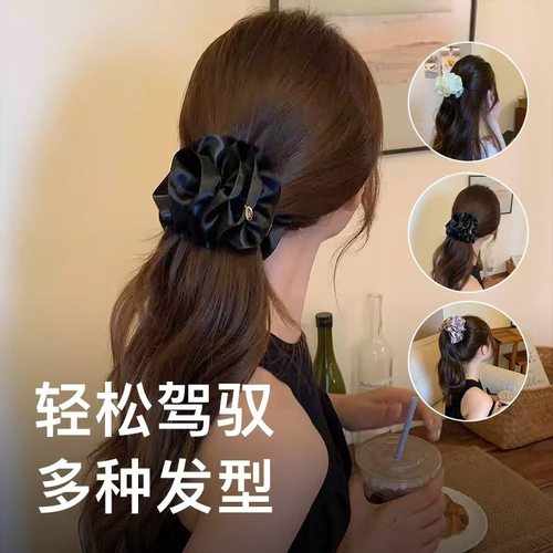 韩系复古立体缎面褶皱花边香蕉夹女后脑勺马尾夹竖夹头饰发卡
