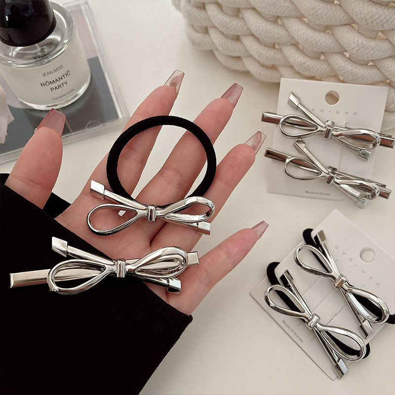 ins冷淡风银色蝴蝶结发夹女2024新款高端精致头绳侧边刘海夹发卡