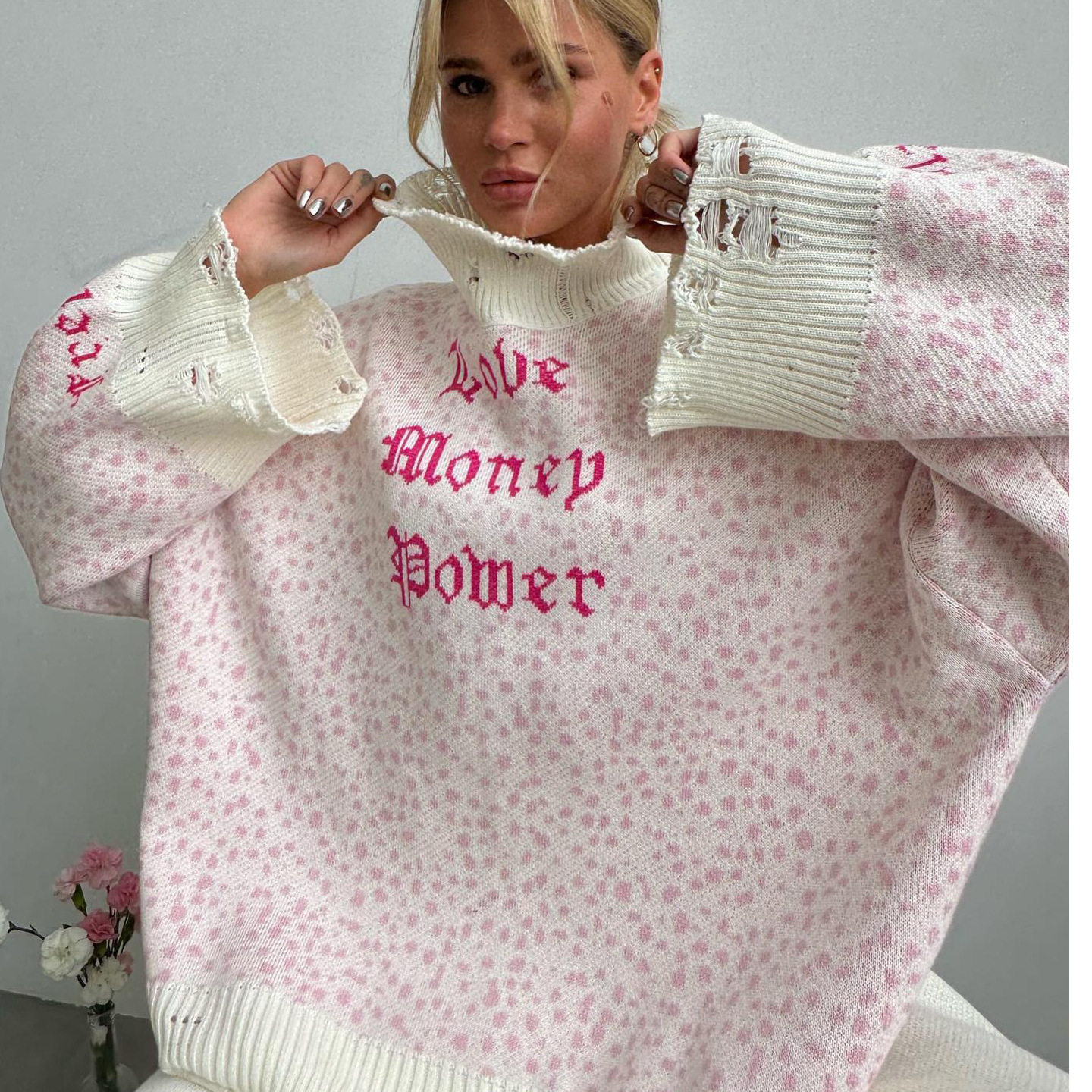 欧美女装街头百搭字母个性破烂套头毛衣女秋冬慵懒宽松针织衫长袖