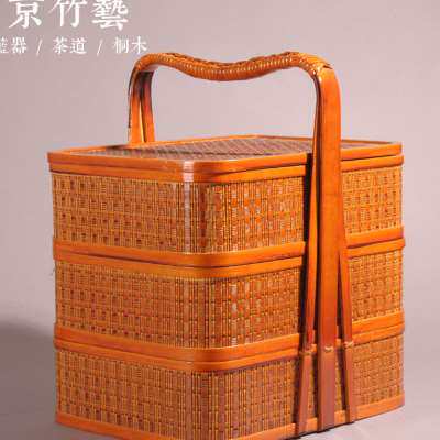 三层竹编送餐篮 酒店外卖手提礼品篮子食盒拜拜祭祖祭祀用野餐篮