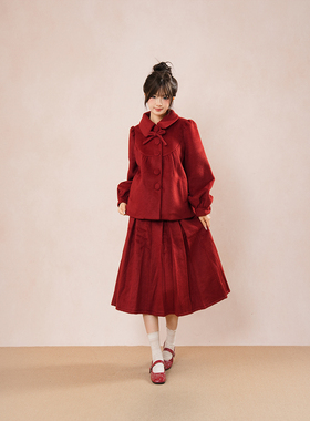 红色新年战袍甜美套装娃娃领蝴蝶结千金大小姐毛呢外套半裙两件套