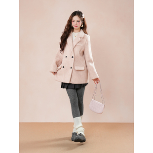 冬日恋歌 韩版高级感粉色西装外套温柔风双排扣气质毛呢外套女