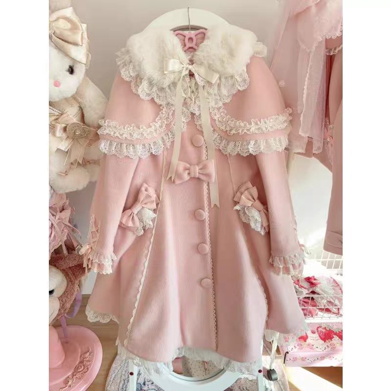 【温柔樱花】日系甜美粉色毛呢外套秋冬新款蝴蝶结斗篷设计感大衣