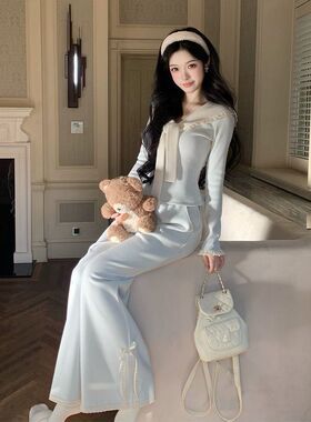 奶蓝甜心 甜美日常休闲气质蕾丝设计海军领系带上衣蓝色长裤套装