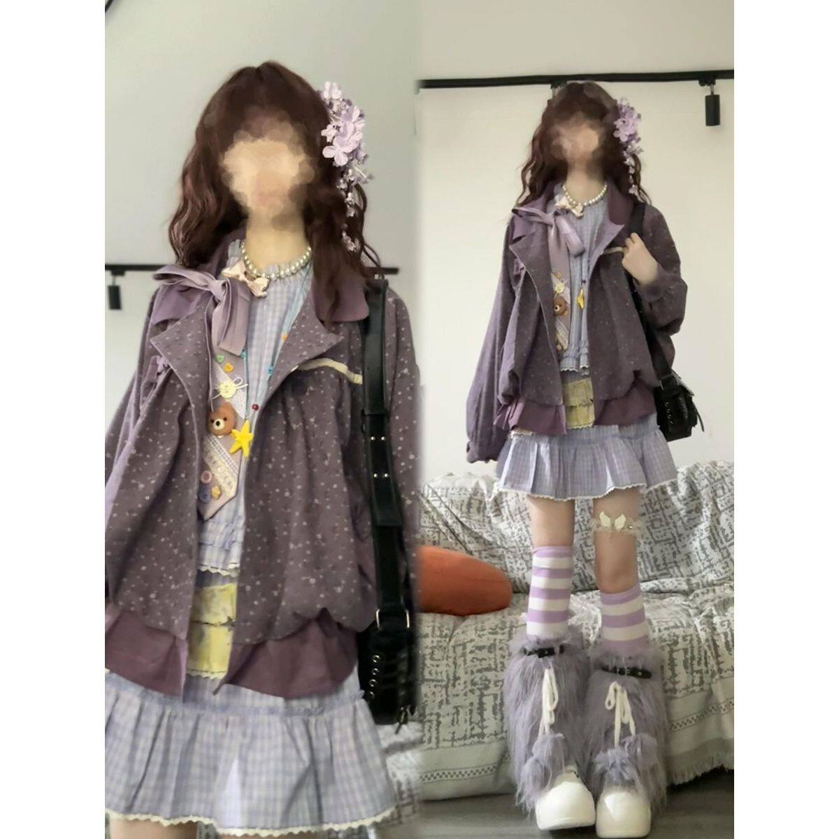 紫莓漫野可爱美萌套装新款小众宽松显瘦外套连衣裙绝美两件套