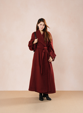 新年战袍赫本风中古毛呢大衣女秋冬季新款气质高级感红色长款外套