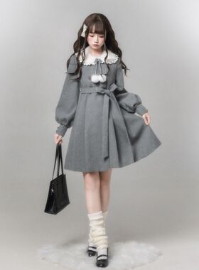 【初遇】灰色格雷系毛球可爱系秋冬连衣裙大衣日系漫画感甜美女款