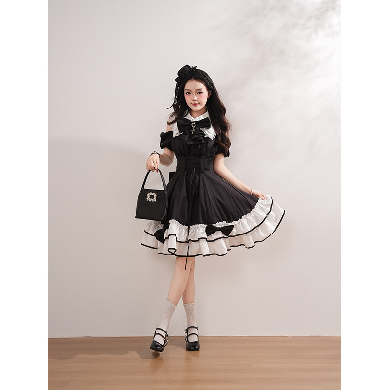 黑巧甜章 日系doll感二次元少女Lolita设计感露肩显瘦蓬蓬连衣裙
