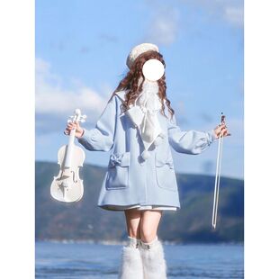 【琴语雾蓝】冬季少女蝴蝶结雪球毛呢外套日系小清新可爱风穿搭女