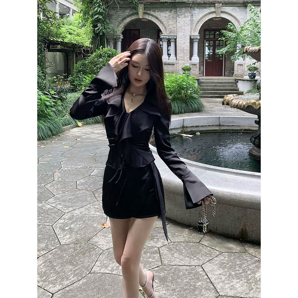 法式复古宫廷风绸面花边系带长袖衬衫/半裙时髦套装女早秋新款