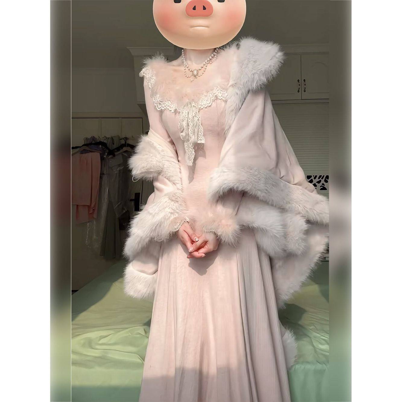 雪绒莓莓 法式千金气质小众设计感两件套女针织连衣裙+披肩套装