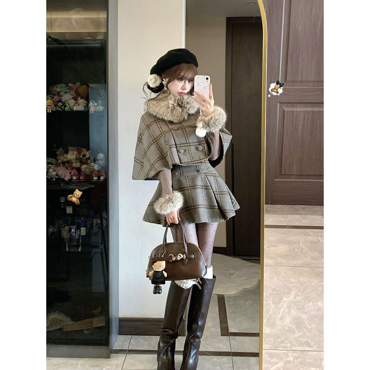 千金复古格纹高级感套装英伦风毛领斗篷半身裙内搭打底新款三件套,女装/女士精品,时尚套装,淘宝优惠券,粉丝福利购,淘宝优惠卷