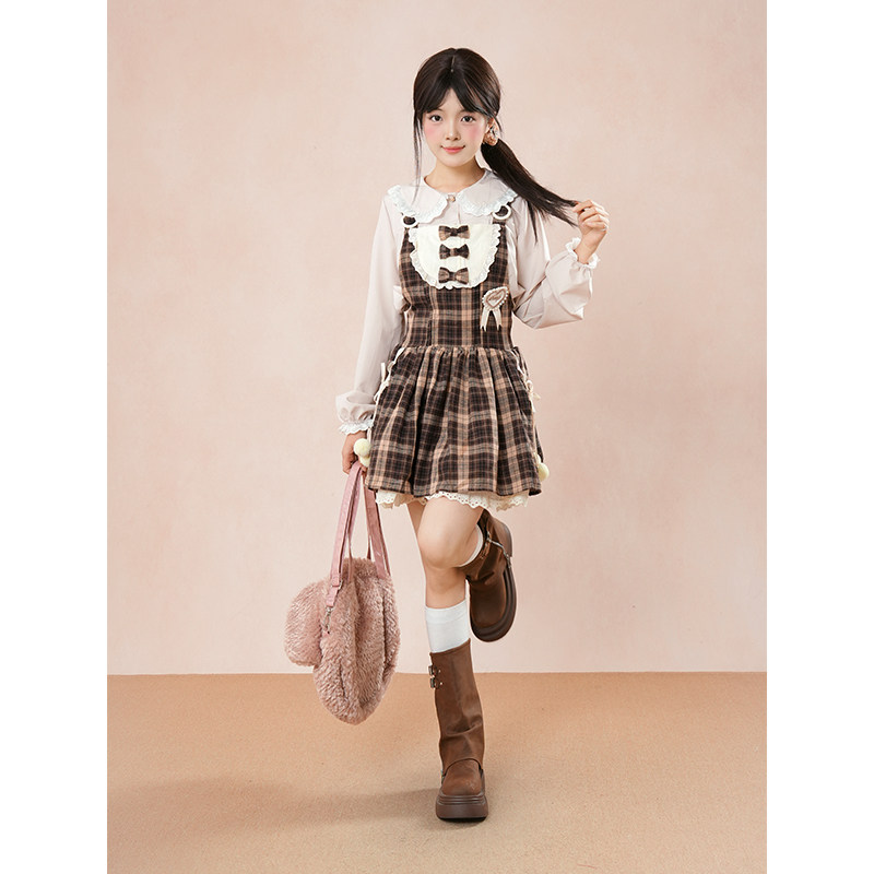 珍珠奶茶 秋冬新款咖色格子裙美拉德森系文艺氛围感连衣裙两件套,女装/女士精品,时尚套装,淘宝优惠券,粉丝福利购,淘宝优惠卷