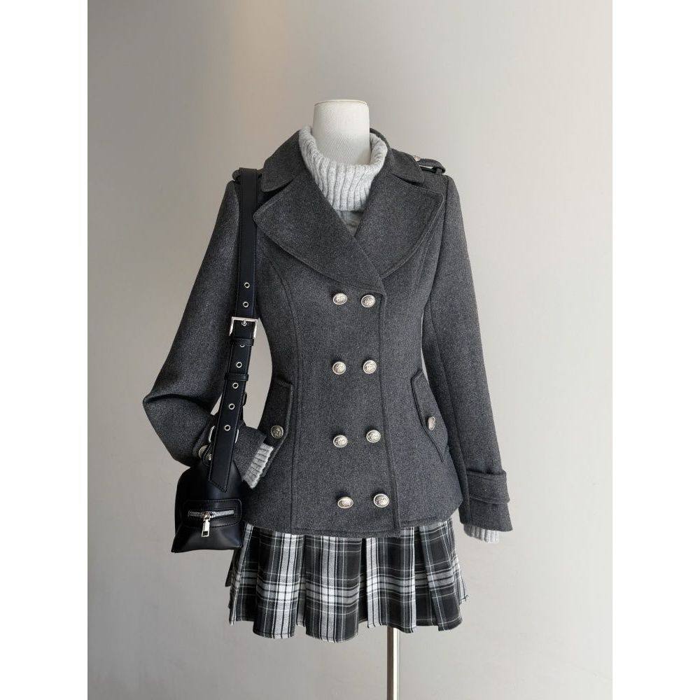 【灰韵轻调】甜美双排扣毛呢外套格纹短裙两件套日系学院风套装女,女装/女士精品,时尚套装,淘宝优惠券,粉丝福利购,淘宝优惠卷